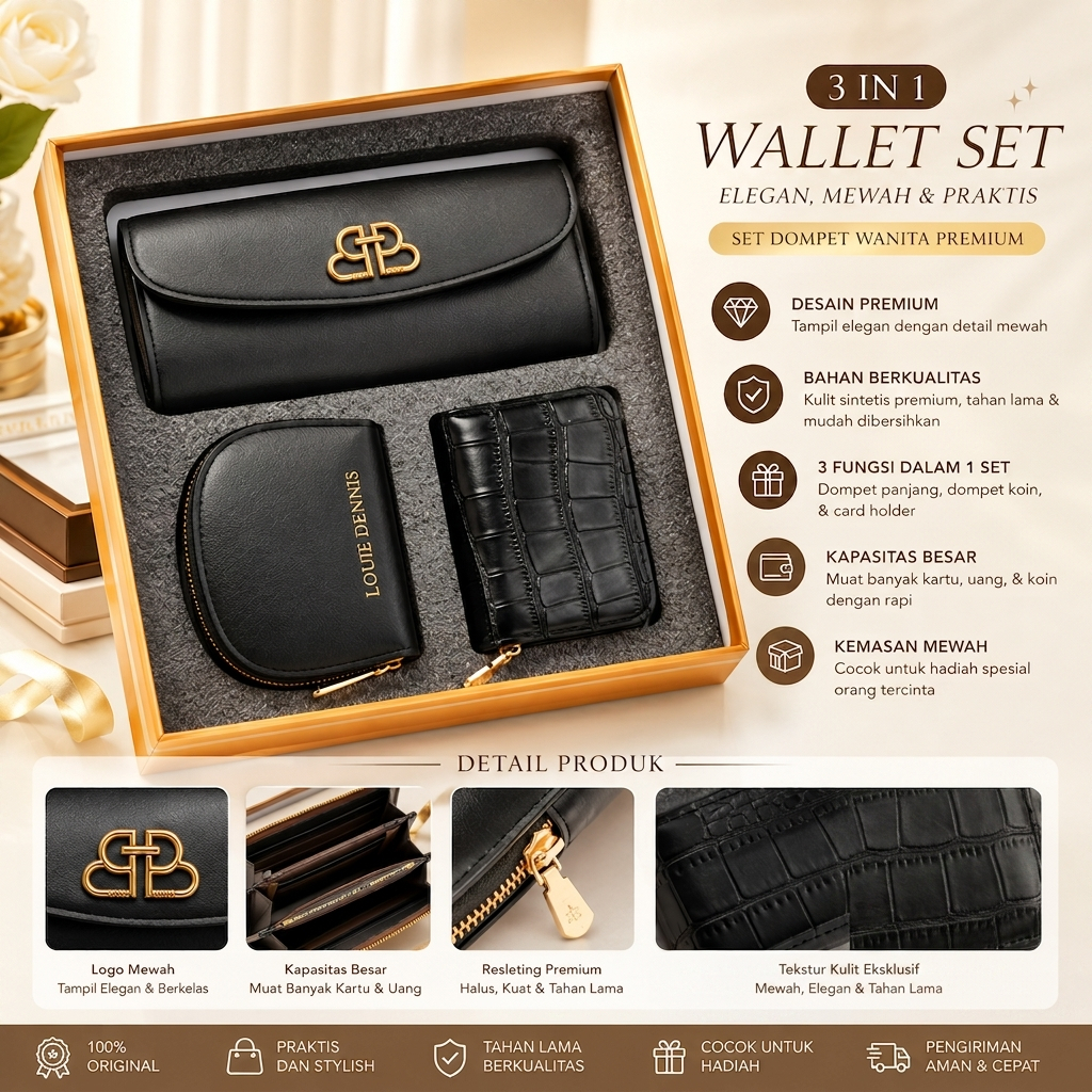 2487 Gift Set Dompet Wanita Louie Dennis 3in1 Premium Long Wallet + Coin Purse + Card Holder Kulit P