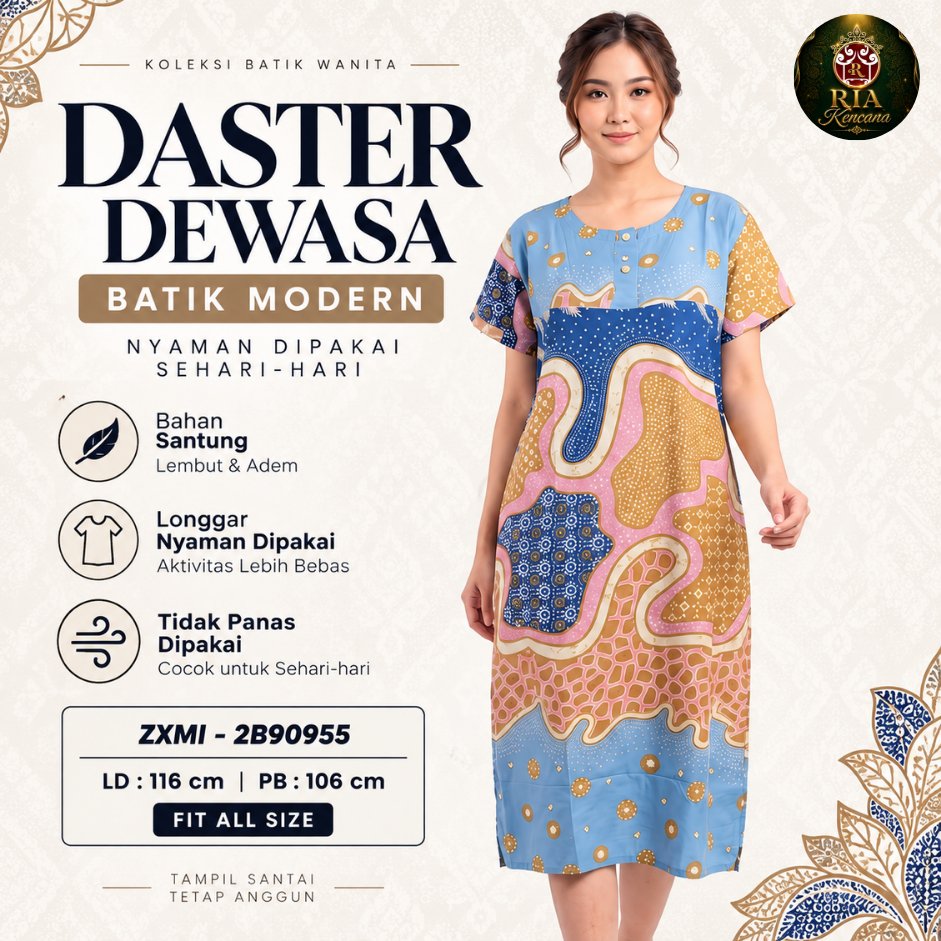 Daster Wanita Santung Adem Batik Modern Lengan Pendek Longgar Nyaman Fit All Size -  Ria Kencana