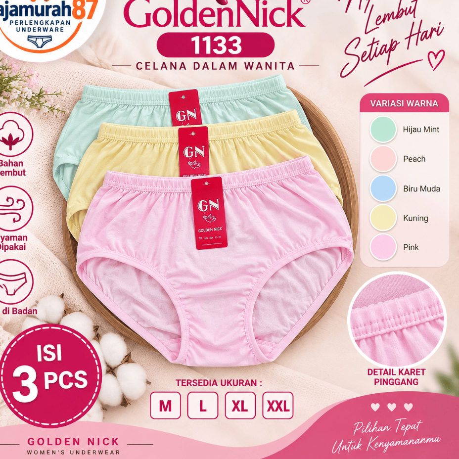 ( 3PCS ) Celana dalam golden nick 1133 / GOLDEN NICK KARET LEBAR / CD GOLDEN NICK POLOS
