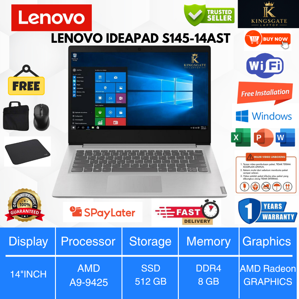 Lenovo IdeaPad S145-14AST AMD A9-9425 - RAM 8GB SSD 512GB 14"Inch HD Windows 11 + Microsoft Office