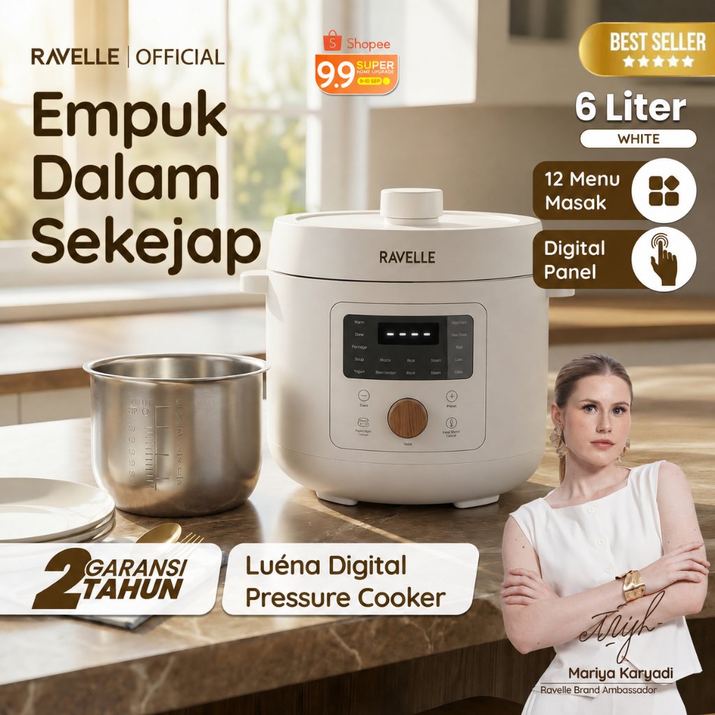 RAVELLE Digital Pressure Cooker 6L Panci Presto Listrik Full Digital SS304 12 Menu Timer 24 Jam Mult