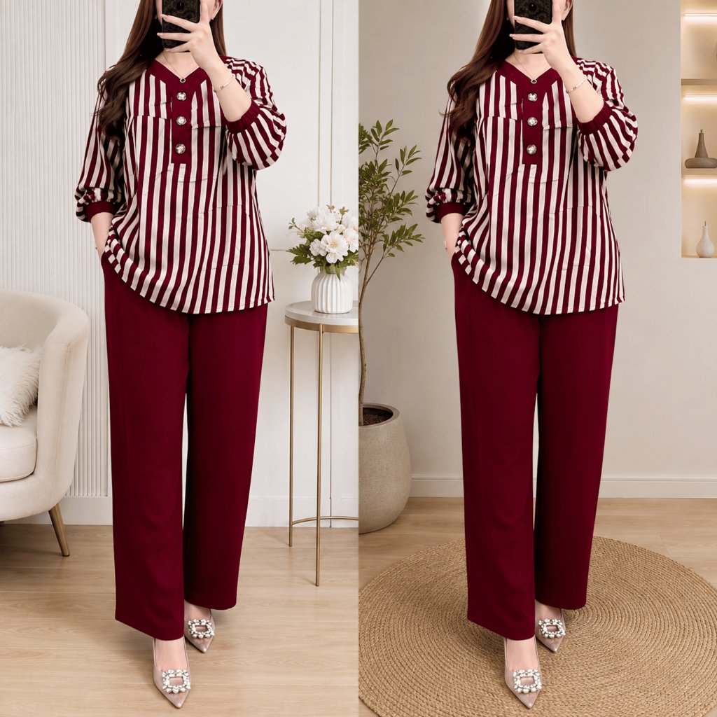 Setelan Wanita Andin Kombinasi Panjang Baju Kekinian One Set Cewek Motif Salur Kancing Lengan Karet