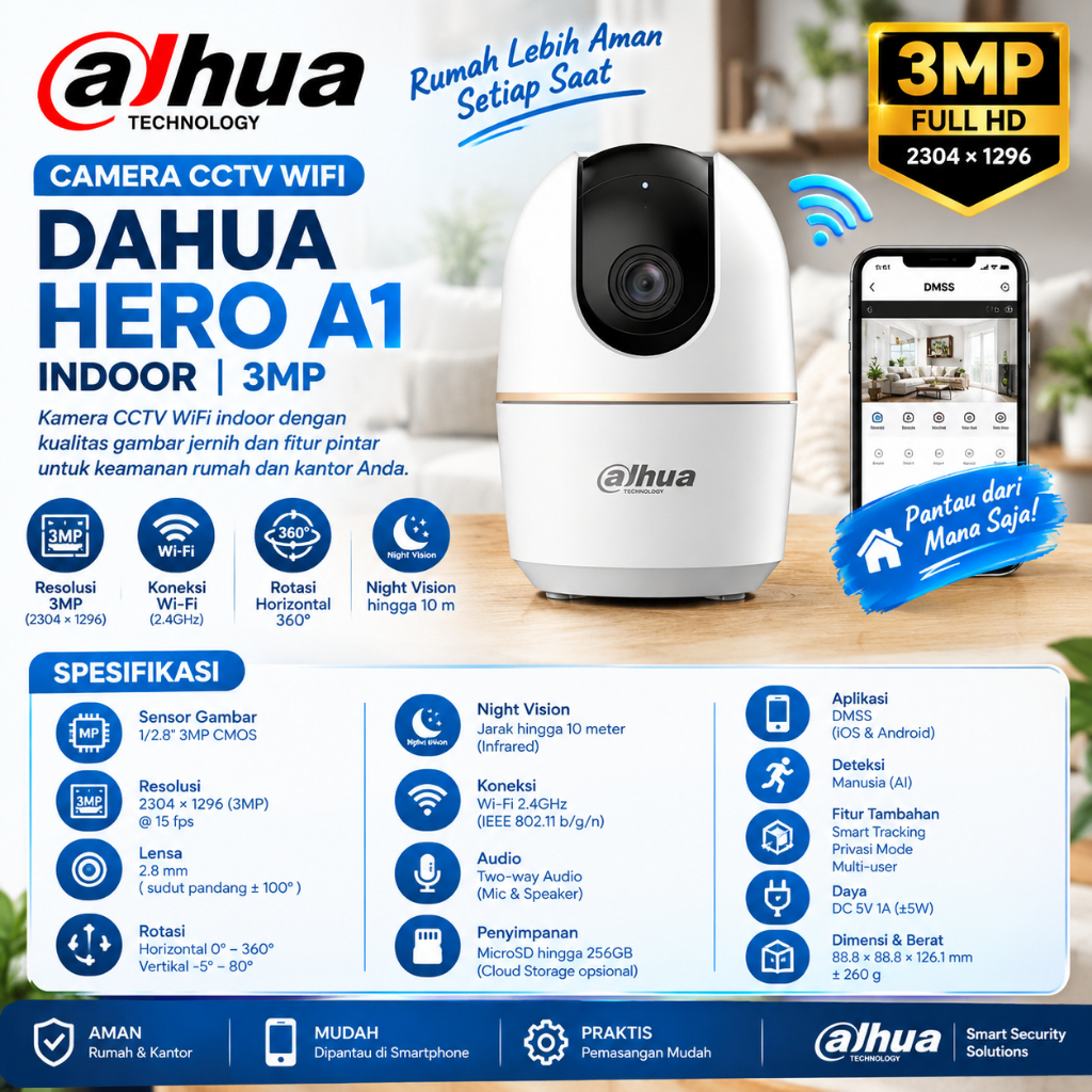 CAMERA CCTV WIFI DAHUA HERO A1 INDOOR 3MP