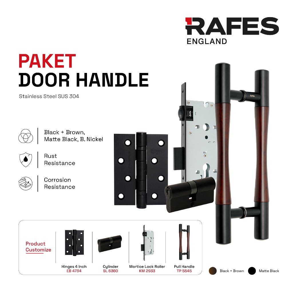 RAFES Paket Kunci Pintu Utama 2 Daun - Pull Handle + Mortice Lock + Hinge - Hitam