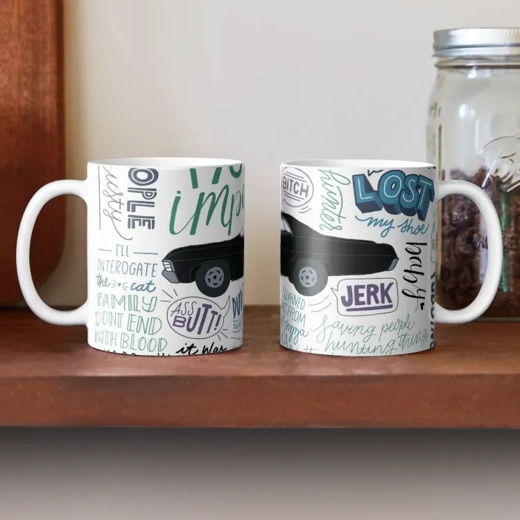 Mug Putih Motif Mobil Hitam dengan Tulisan Acak Supernatural Coffee Mug