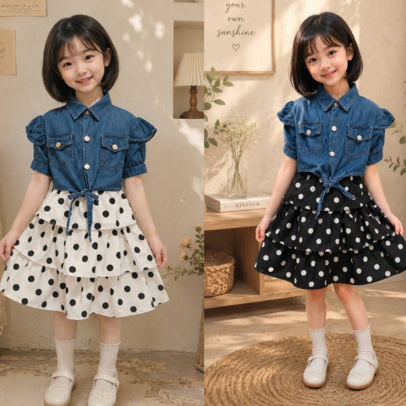 Baju Anak Perempuan Korean Style Dress Polkadot Kombinasi Rompi Jeans 1 sampai 10 Tahun / Dress Polk