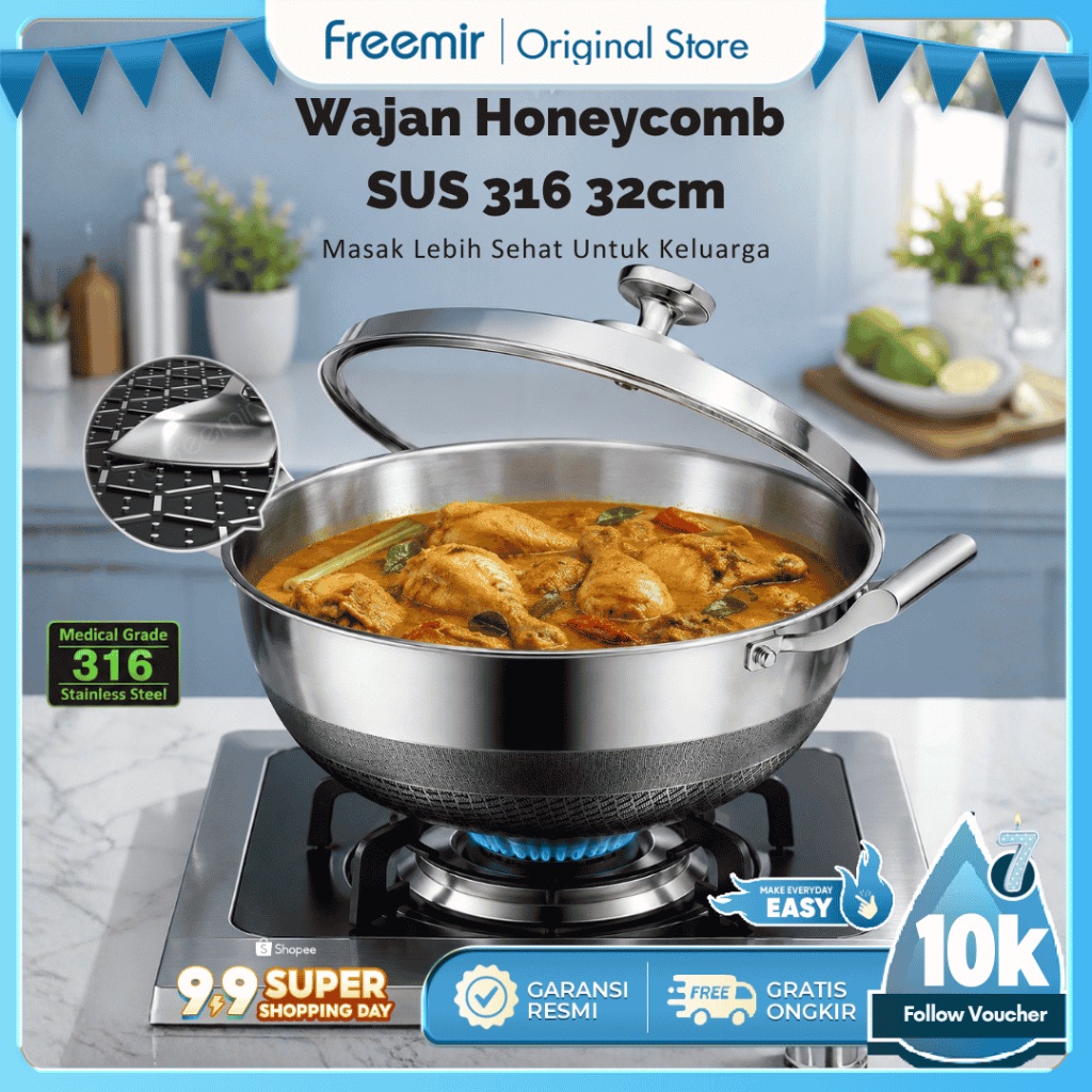 [SPECIAL] freemir Original Stainless 316 Honeycomb Wok Pan 24cm/32cm Tutup Kaca Anti Lengket Premium
