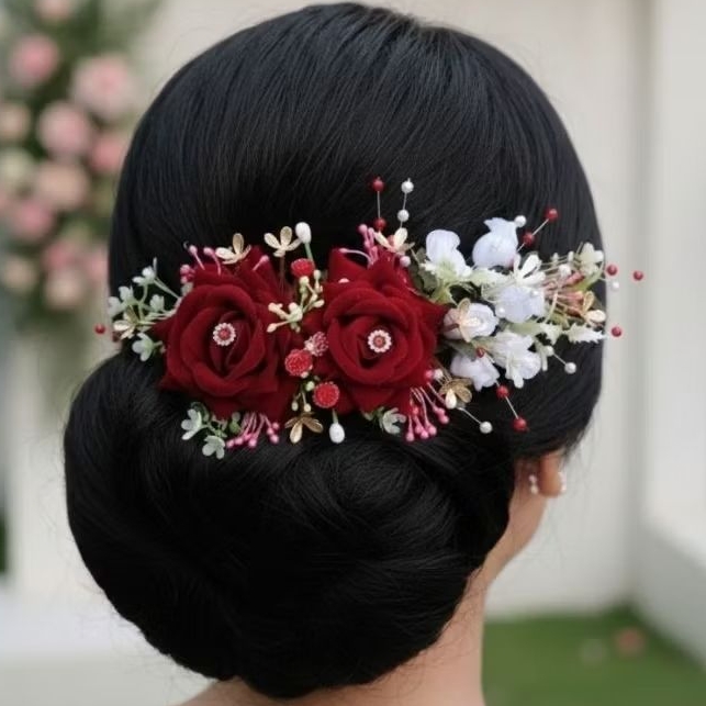 Aksesori Bunga Sanggul Pengantin Bunga Mawar Bludru /  Hiasan Sanggul Bunga Mawar premium