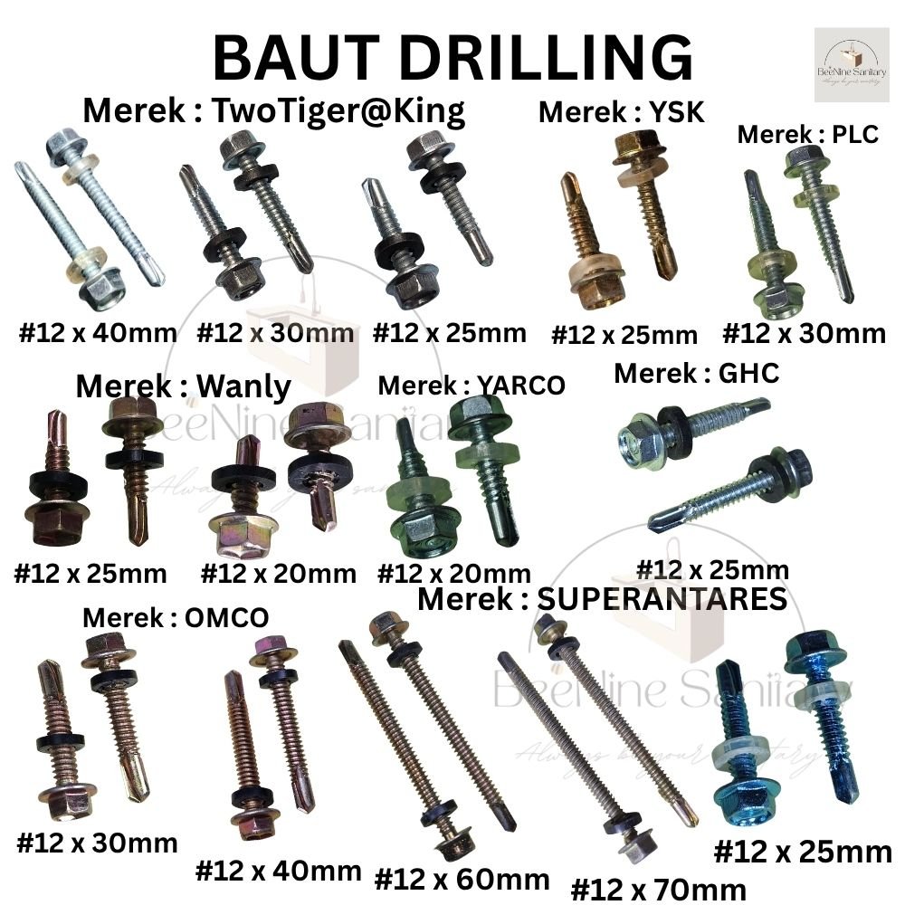 Baut Drilling Chrome Gold lengkap berbagai ukuran kepala 8mm x 15 20 25 3040 50 60 70mm/ Drilling Sc