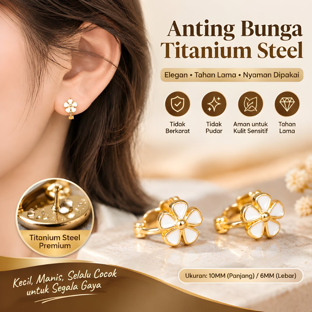 Anting Wanita Anting Titanium Anting Bunga Putih Anti Karat Anti Luntur Anting Emas