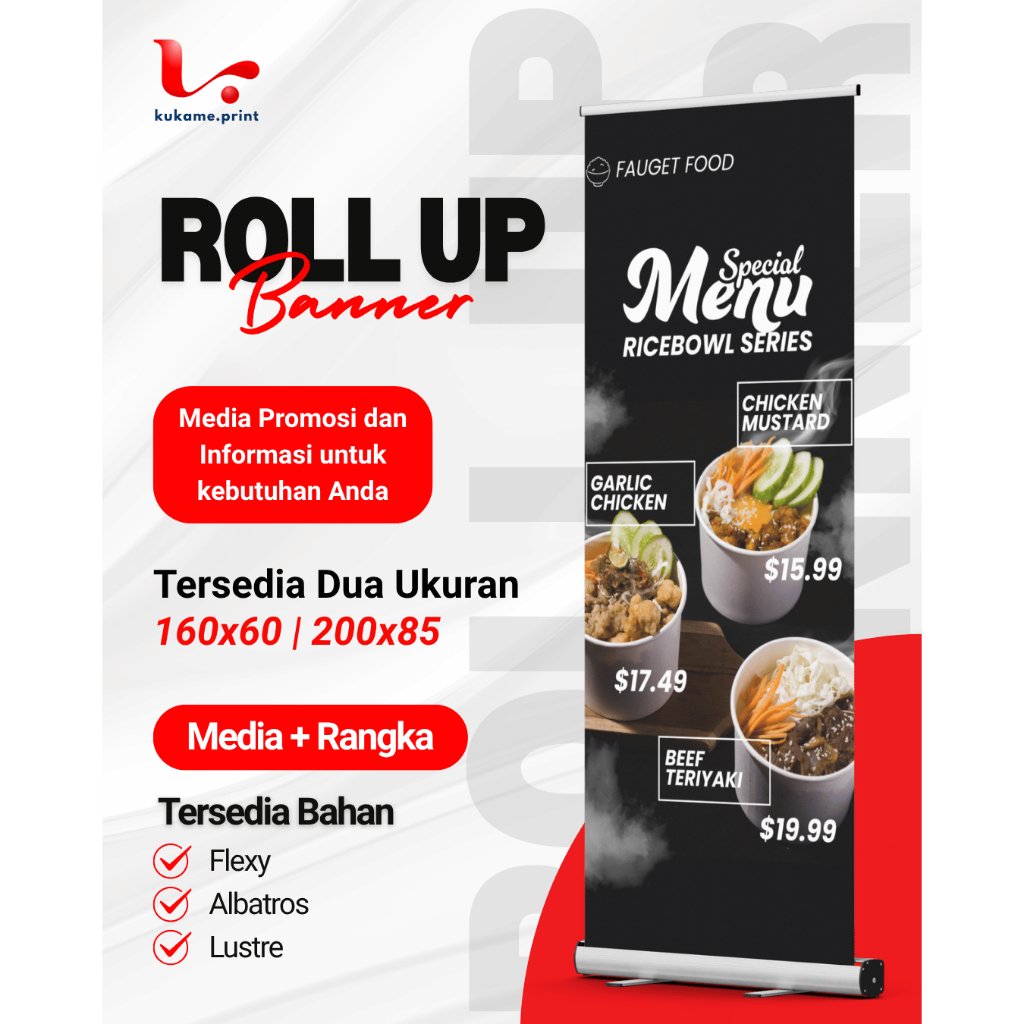 Roll Up Banner Custom 60x160 85x200 Cetak Standing Banner Alumunium Plus Tas Promosi Event Toko