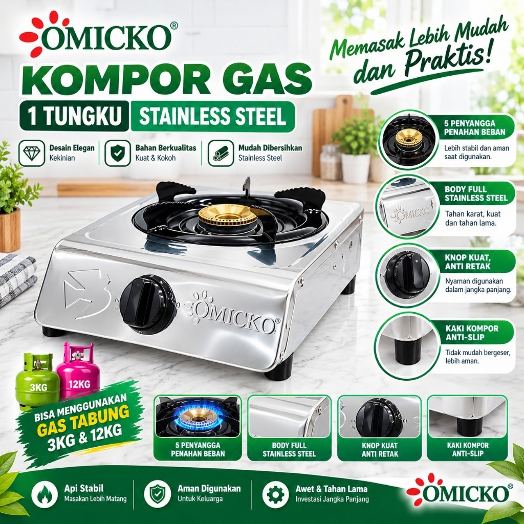 KOMPOR OMICKO 1 TUNGKU STAINLES ANTI KARAT AMAN SUDAH SNI