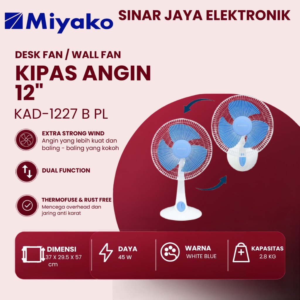 MIYAKO - KIPAS ANGIN 2IN1 KAD-1227 B PL (12inch) I MIYAKO KIPAS ANGIN DUDUK