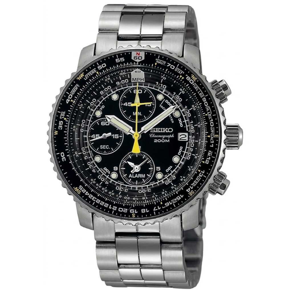 SEIKO Jam Tangan Pria SNA411 Flightmaster Alarm Chronograph Stainless Steel Hitam