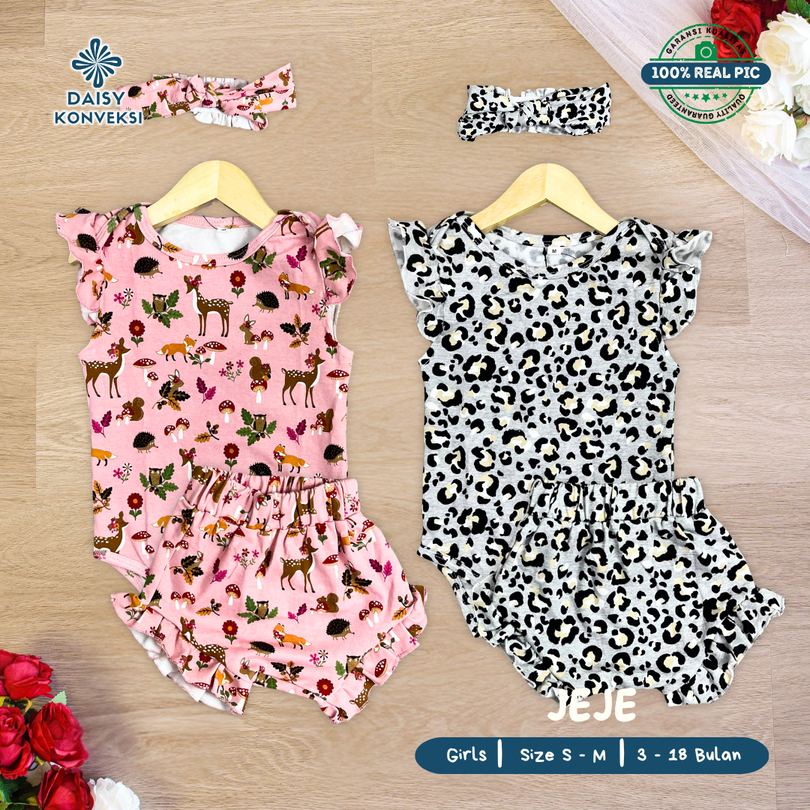 Jeje Oneset Romper Bayi 3 in 1 Bahan Katun Outfit Gemas Motif Lucu usia 3 - 15 bulan Daisy Konveksi