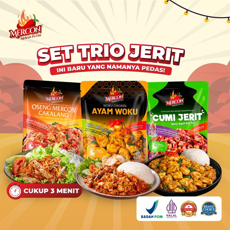 [LEBIH HEMAT] Mercon Merah Putih - Set Trio Jerit (Ayam Woku + Cumi Jerit Sambal Mercon + Oseng Merc
