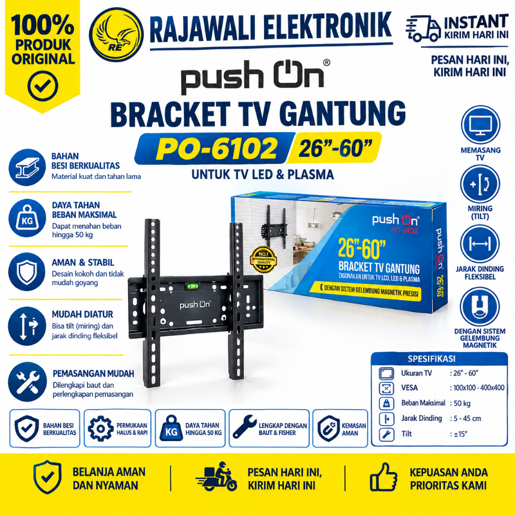 Bracket TV LCD LED Plasma Gantung 26"-60" PUSH On PO 6102