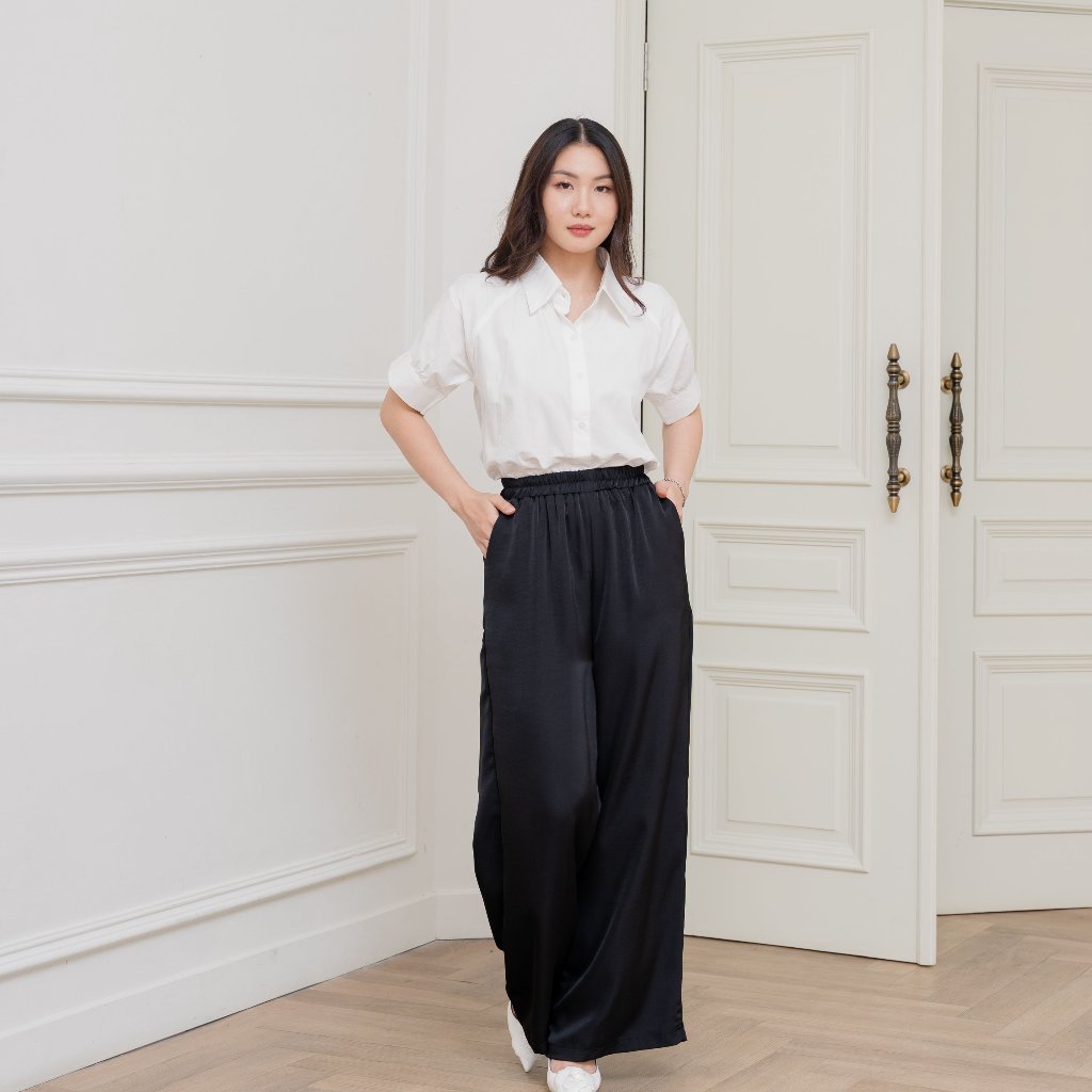 Bievy - Celana Panjang Wanita Highwaist Satin Premium | Elegant Loose Pants Look E.315