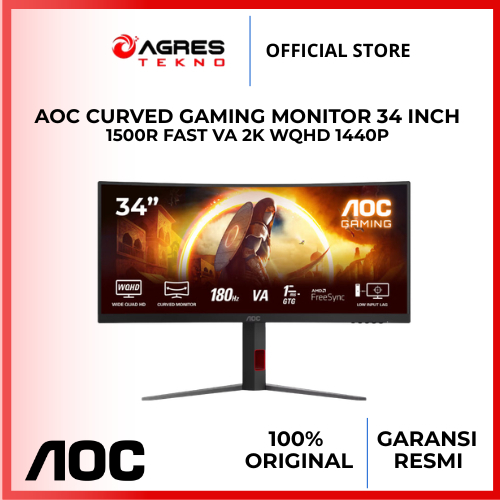 AOC CURVED GAMING MONITOR 34 INCH 1500R FAST VA 2K WQHD 1440P 1MS 180HZ CU34G4 HDR10 HDMI+DP 3Y ERGO