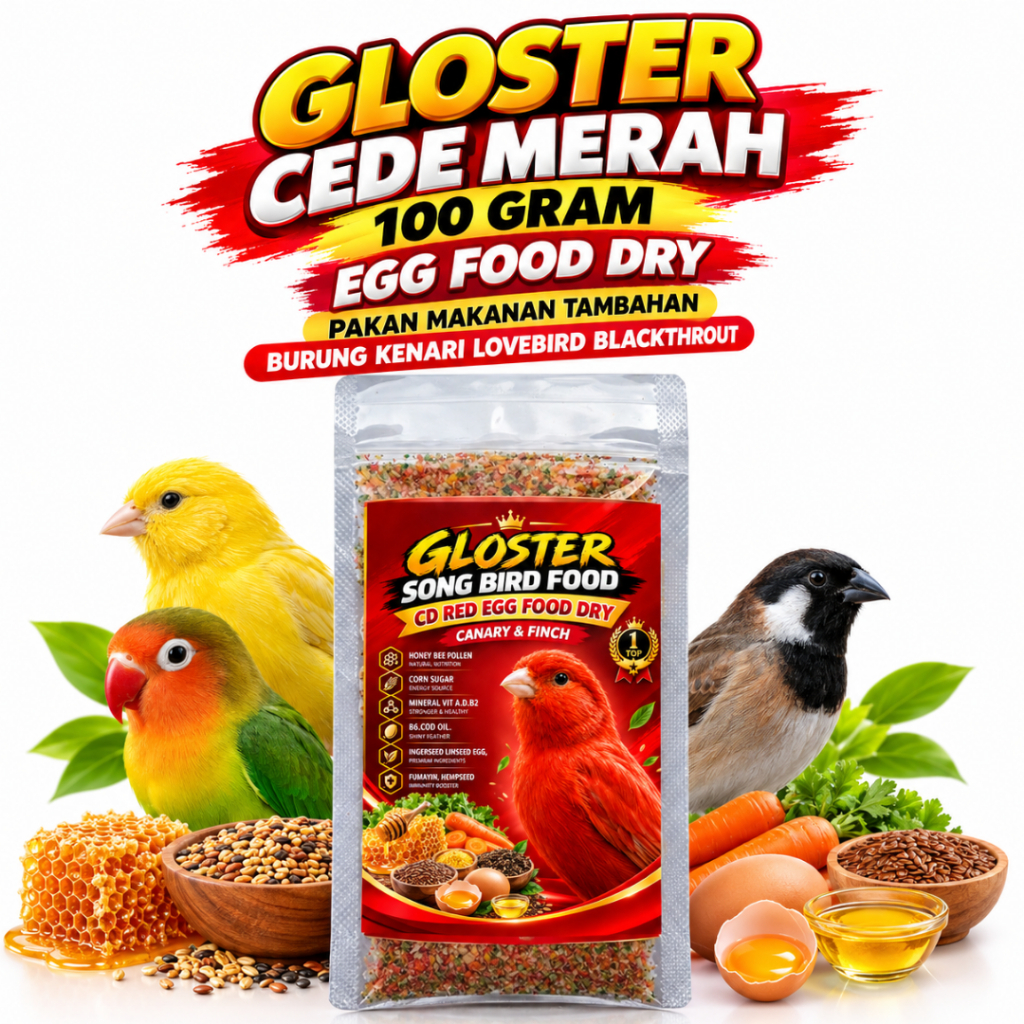 GLOSTER CEDE RED EGG FOOD DRY 100 GRAM PAKAN MAKANAN TAMBAHAN BURUNG KENARI WARNA MERAH LOVEBIRD