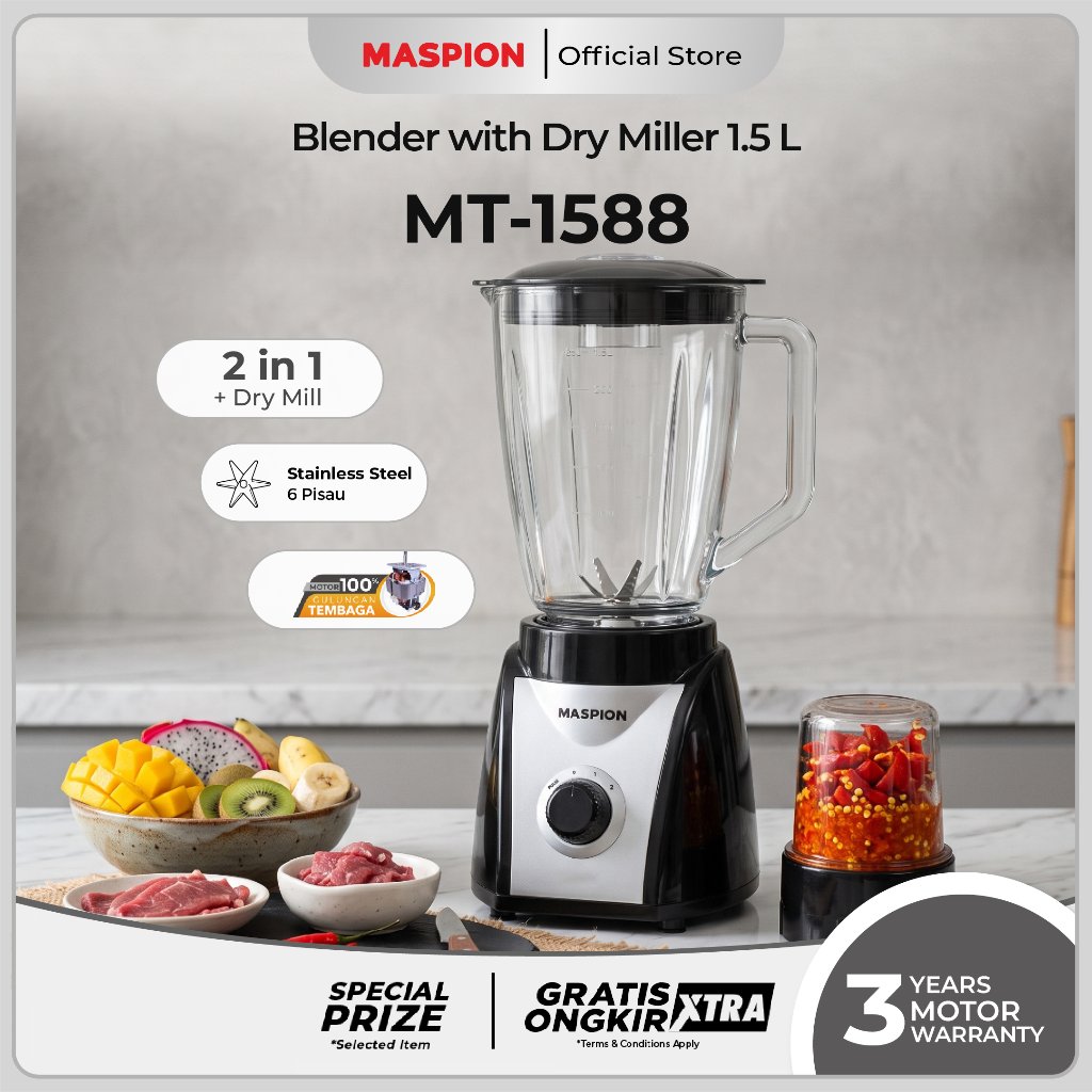 Maspion Pelumat Blender with Dry Miller 1.5 Liter MT-1588