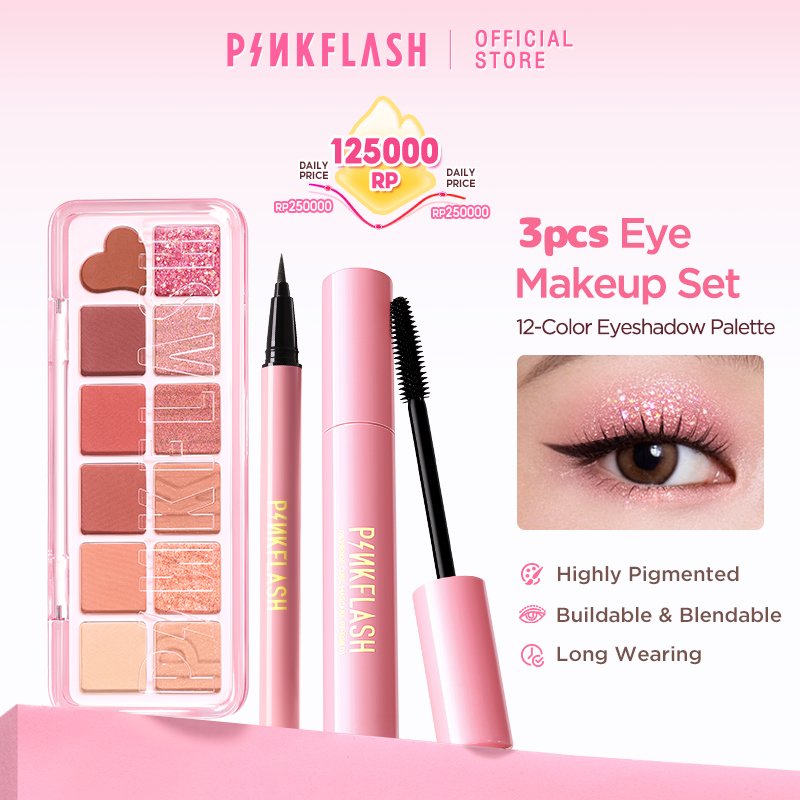 PINKFLASH 12 Color Eyeshadow Palette High Pigment Long Lasting Liquid Eyeliner Waterproof Mascara 3p