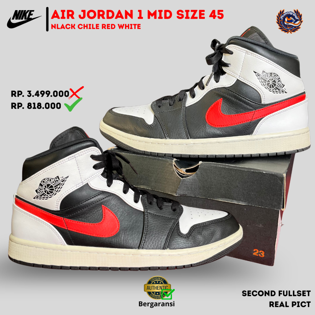 Sepatu Nike Air Jordan 1 Mid Black Chile Red White Size 45 Scnd Fullset Original Sneakers