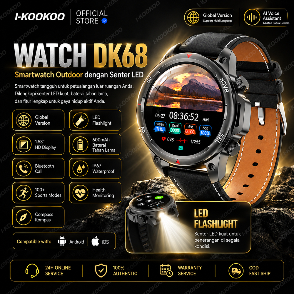 [Jam Tangan Gaya Militer]DK68 LED Flashlight Smartwatch Sport Watch untuk Pria 1.53'' AMOLED Layar S