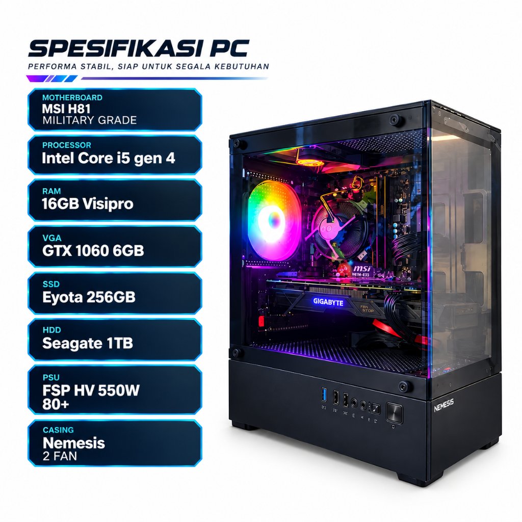 PC gaming MSI H81 Intel Core i5 gen 4 RAM 16GB Visipro VGA GTX 1060 6GB SSD Eyota 256GB HDD Seagate 
