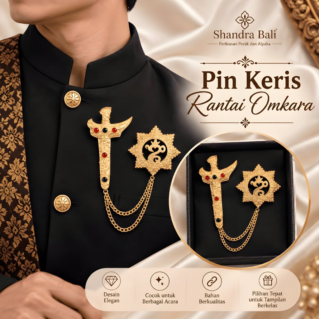 Shandra Bali - Pin Keris Rantai Bros Kris Model Omkara / Ongkara Pria Alpaka Wedding Ngidih Bali unt