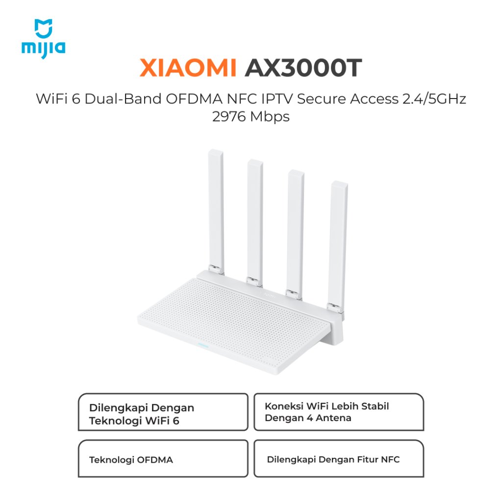 Xiaomi Router WiFi 6 Dual-Band OFDMA NFC IPTV Secure Access 2.4/5GHz 3000Mbps - AX3000T