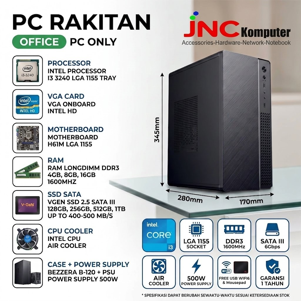 Komputer Rakitan Intel Core i3 3240 Gen3 Up 3,4Ghz RAM 16GB SSD 1TB KEYBOARD MOUSE