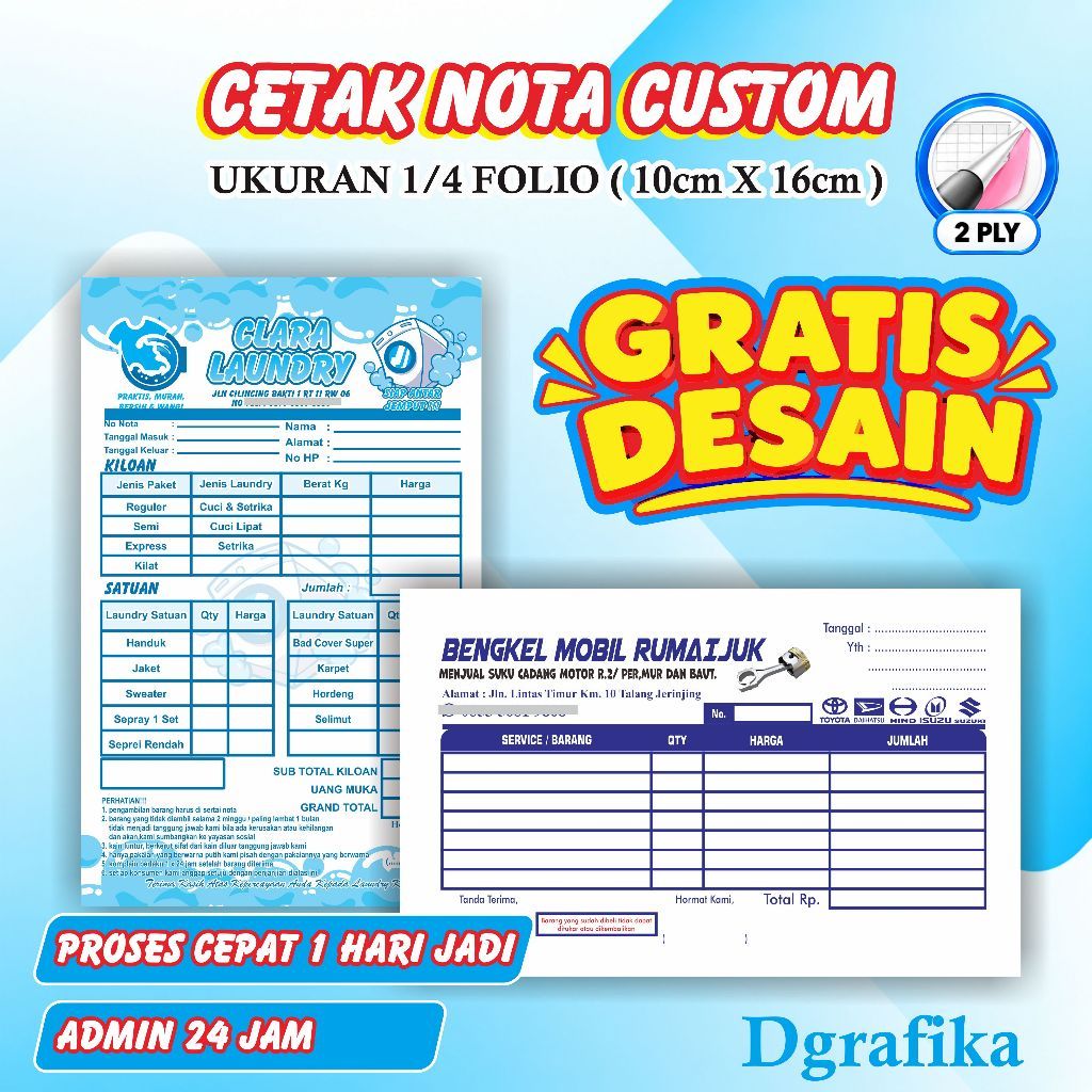 PROMO Cetak Nota Laundry Custom 1/4 Folio 2 Ply NCR isi 50 lembar Gratis Desain Nota Laundry Kiloan