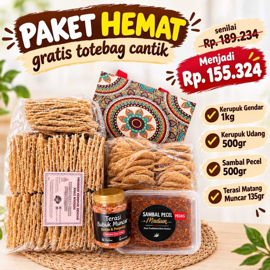 PAKET HEMAT Senilai Rp. 189.234,- saat ini hanya Rp. 155.324,- Kerupuk Gendar 1 kg + Kerupuk Udang 5