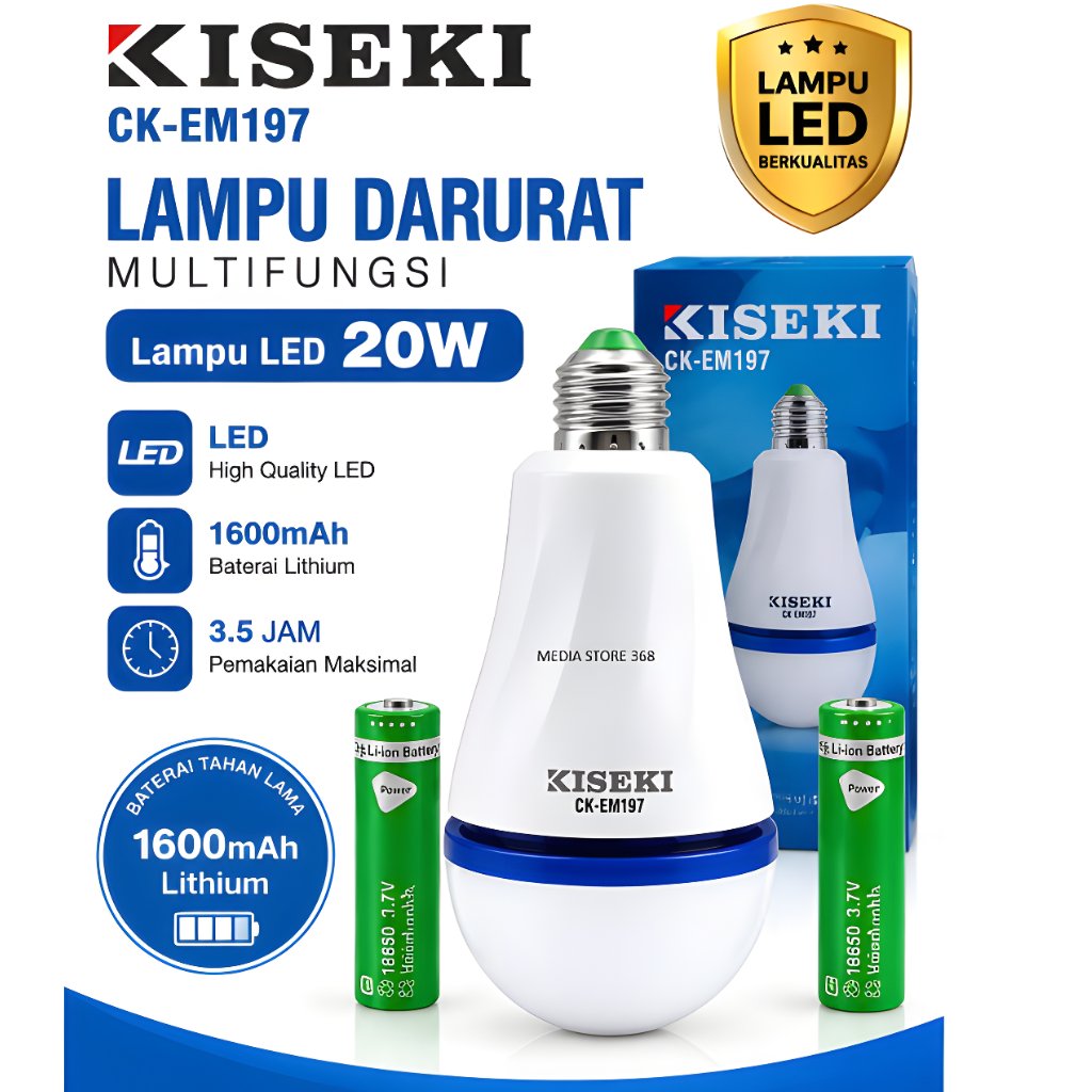 KISEKI Lampu Bohlam LED Darurat Multifungsi CK-EM197 20W Baterai Lithium 1600mAh untuk Dalam Ruangan