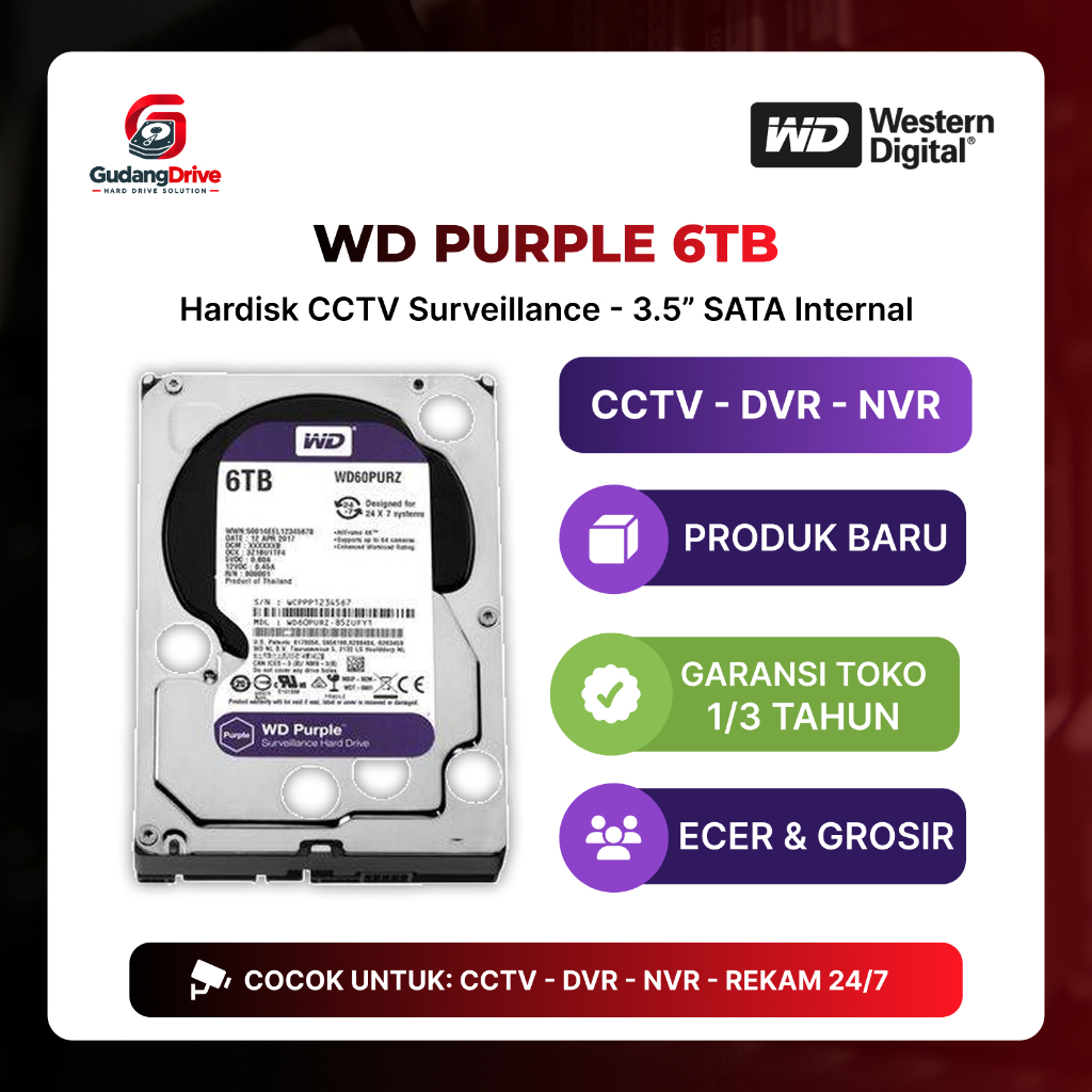 Hard Disk WD Purple 6TB 6T CCTV DVR NVR HDD Surveillance Baru Bergaransi