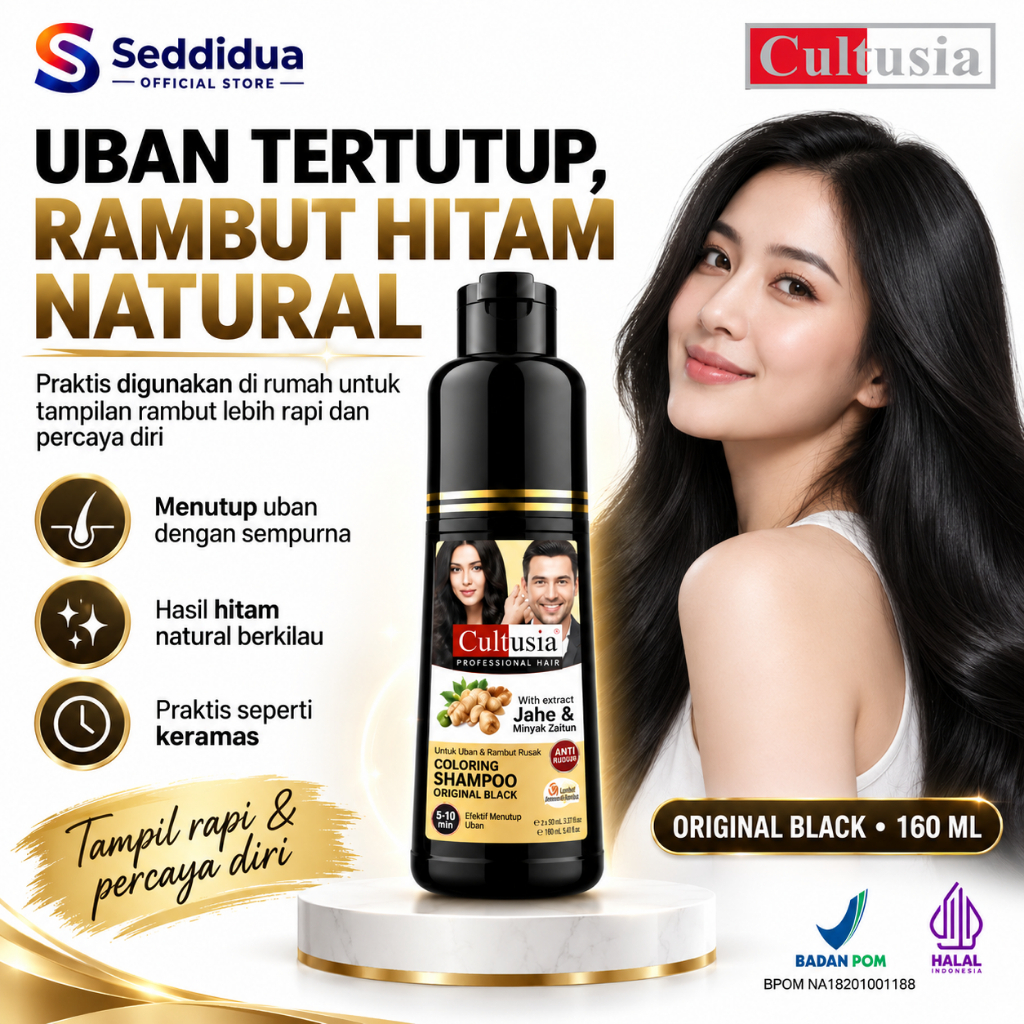 Cultusia Hair Colour Shampoo Uban ORIGINAL BLACK Sampo Penghitam Rambut Uban Halal Tanpa Amonia