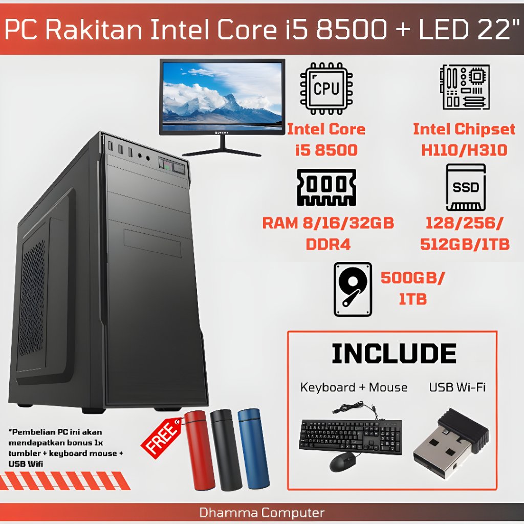 [SIAP PAKAI] Paket Lengkap PC Desktop i5 8500 DDR4 Fullset Monitor LED 22" + WiFi + Keyboard Mouse -