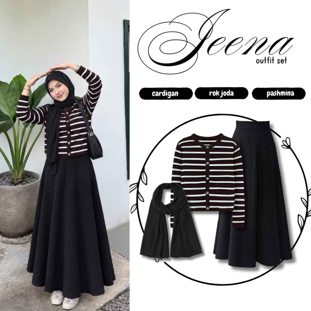 Jeena One Set Wanita 3in1 Korean Style | Cardigan Sripe Hitam + Rok Joda + Hijab Pasmina | Setelan K