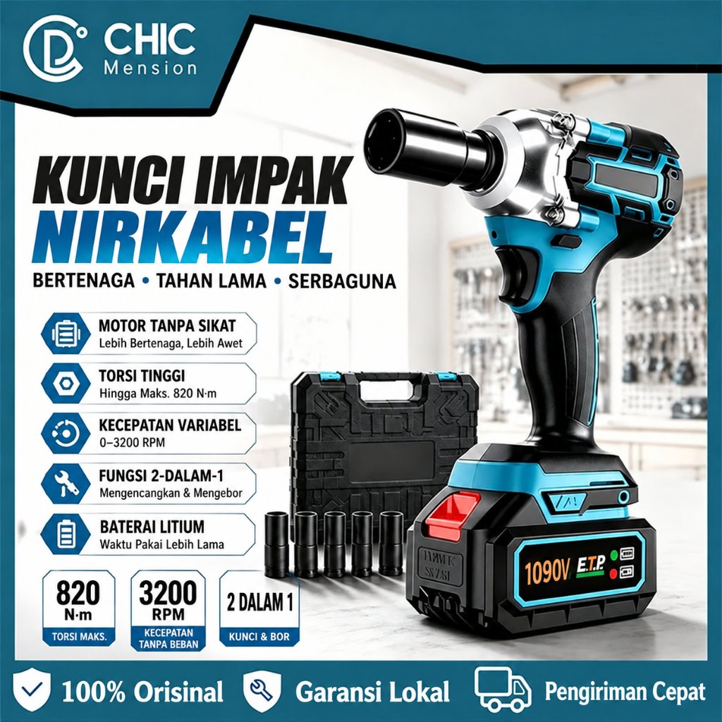 JLD Impact Wrench Cordless Baterai Brushless 1090V/588V 1200N/M Bor Impact Baterai 2 Baterai Impek B