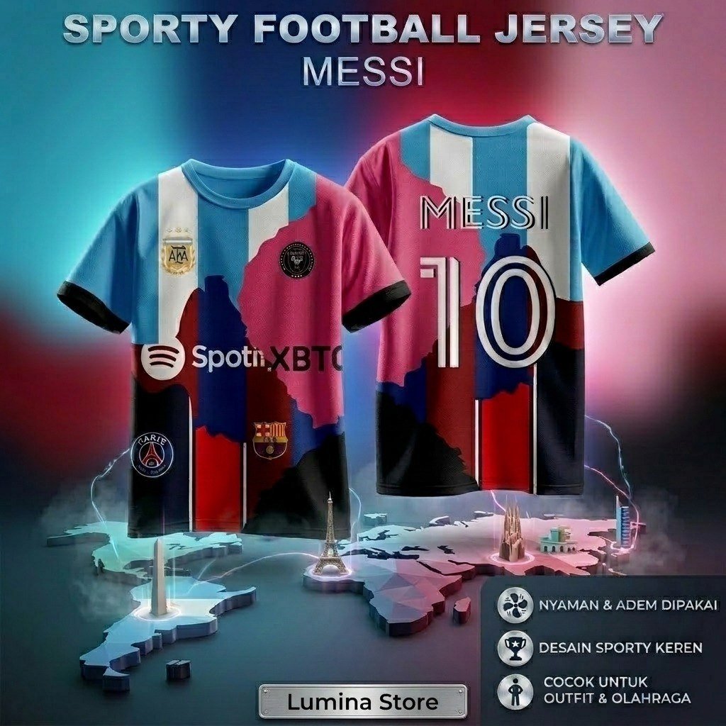 Kaos Jersey Bola Messi Barcelona Argentina PSG Full print Unisex