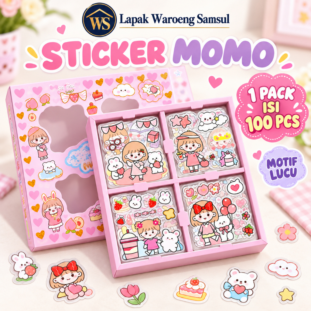 Pretty Sticker Momo 1 pack isi 100 Lembar Pcs Stiker Box Momo Stiker Motif Kartun Korea Lucu Anti Ai