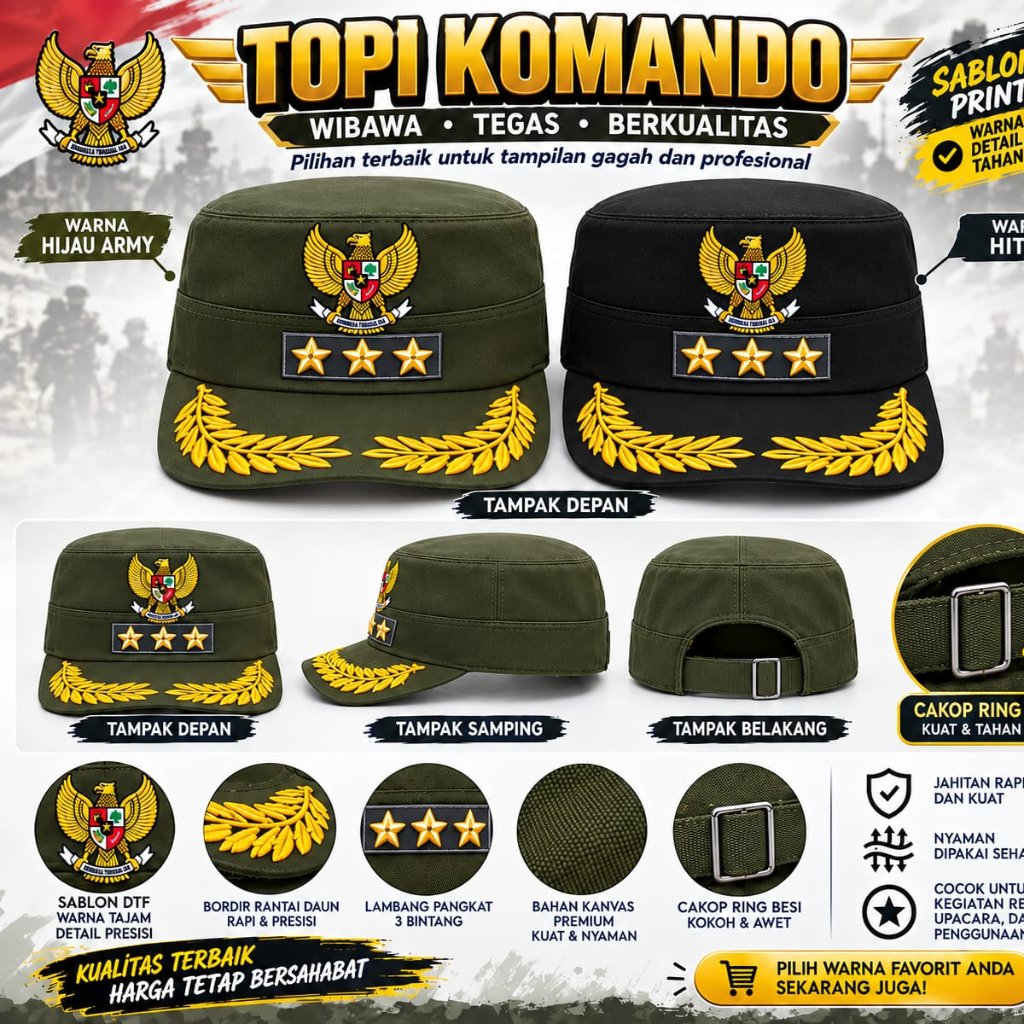 NDC- Topi Komando Lurah Kades Hitam Wol Lapis Kain Keras Benang Emas Bunga Melati|| Topi Komando pri