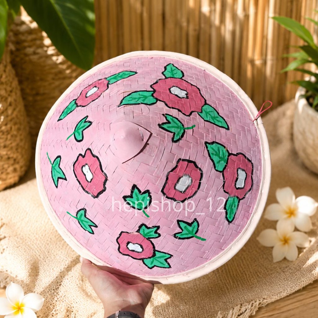 Caping petani motif unik - topi caping petani lukis - caping lukis anyaman bambu