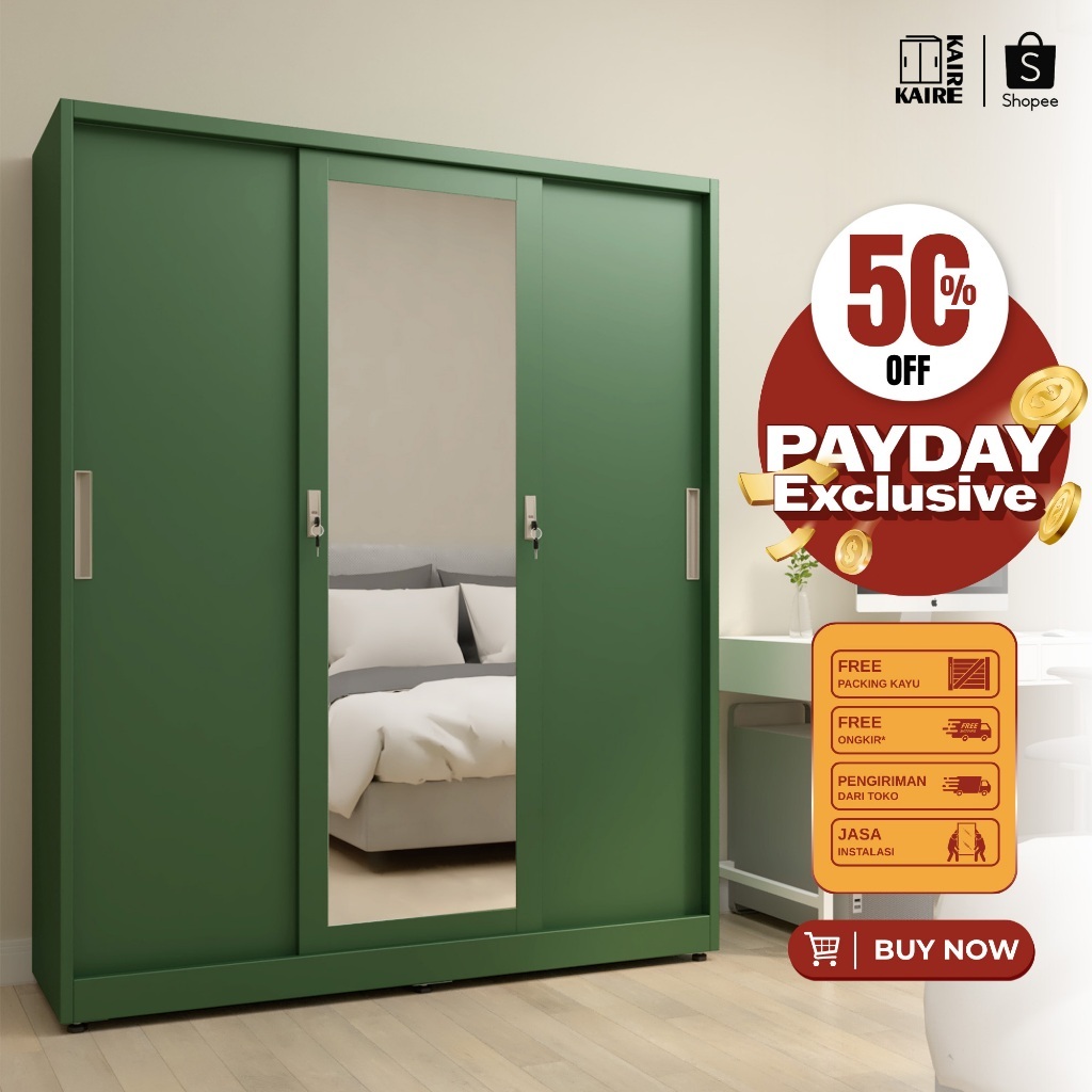 KAIRE  Lemari Pakaian Besi 3 Pintu Sliding Jumbo | 150cm 2 Batang Rak Baju