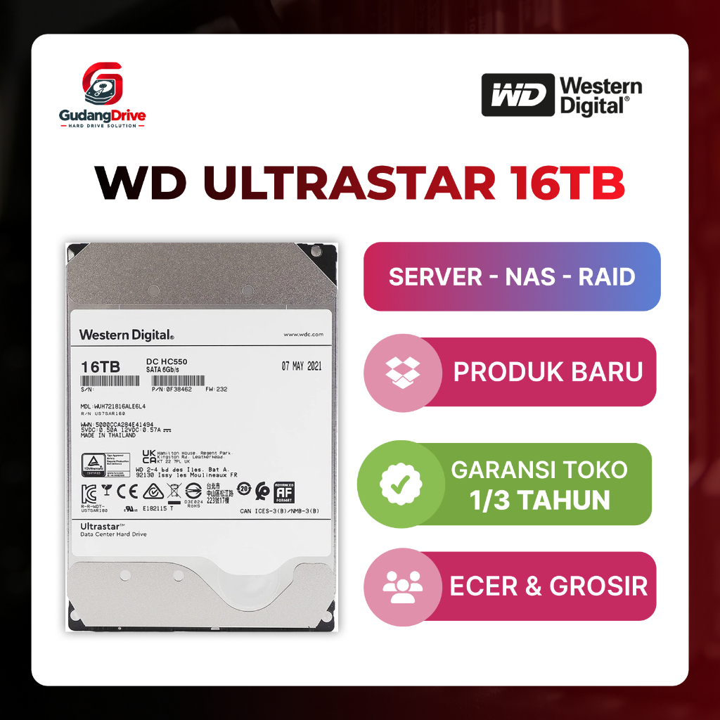 Hard Disk WD Ultrastar 16TB 16T Enterprise Server NAS HDD Baru Bergaransi