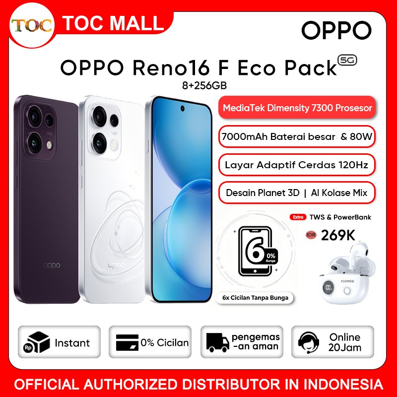 OPPO Reno16 F 5G Eco Pack 5G 8GB+256GB (8+8GB Extended RAM) - Kamera Selfie 50MP  Garansi Resmi