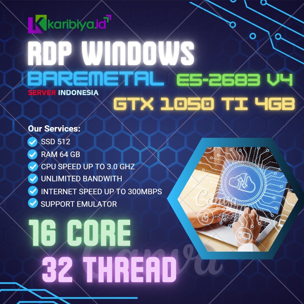 Bare Metal Server RDP Dedicated 16 Core 64GB RAM VGA GPU GTX 1050 TI OBS Emulator Android Youtube VP