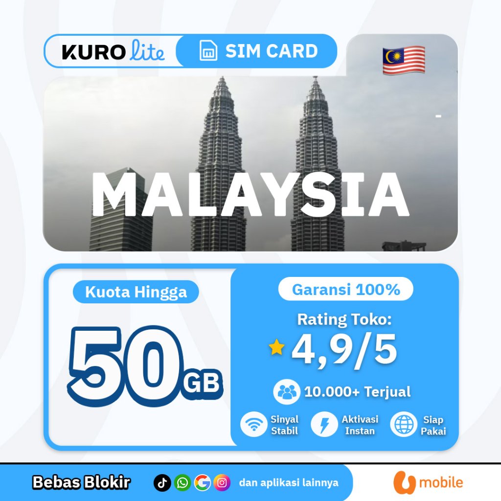PROMO SIM Card Malaysia 50GB Kurolite TikTok | Kuota Besar Internet Malaysia Kuala Lumpur U Mobile 5