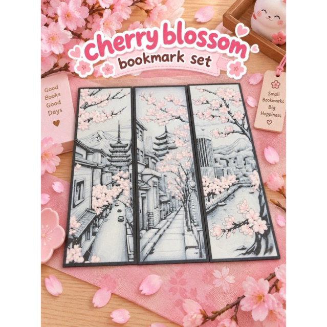 Set Bookmark Cherry Blossom Motif Sakura Jepang untuk Buku